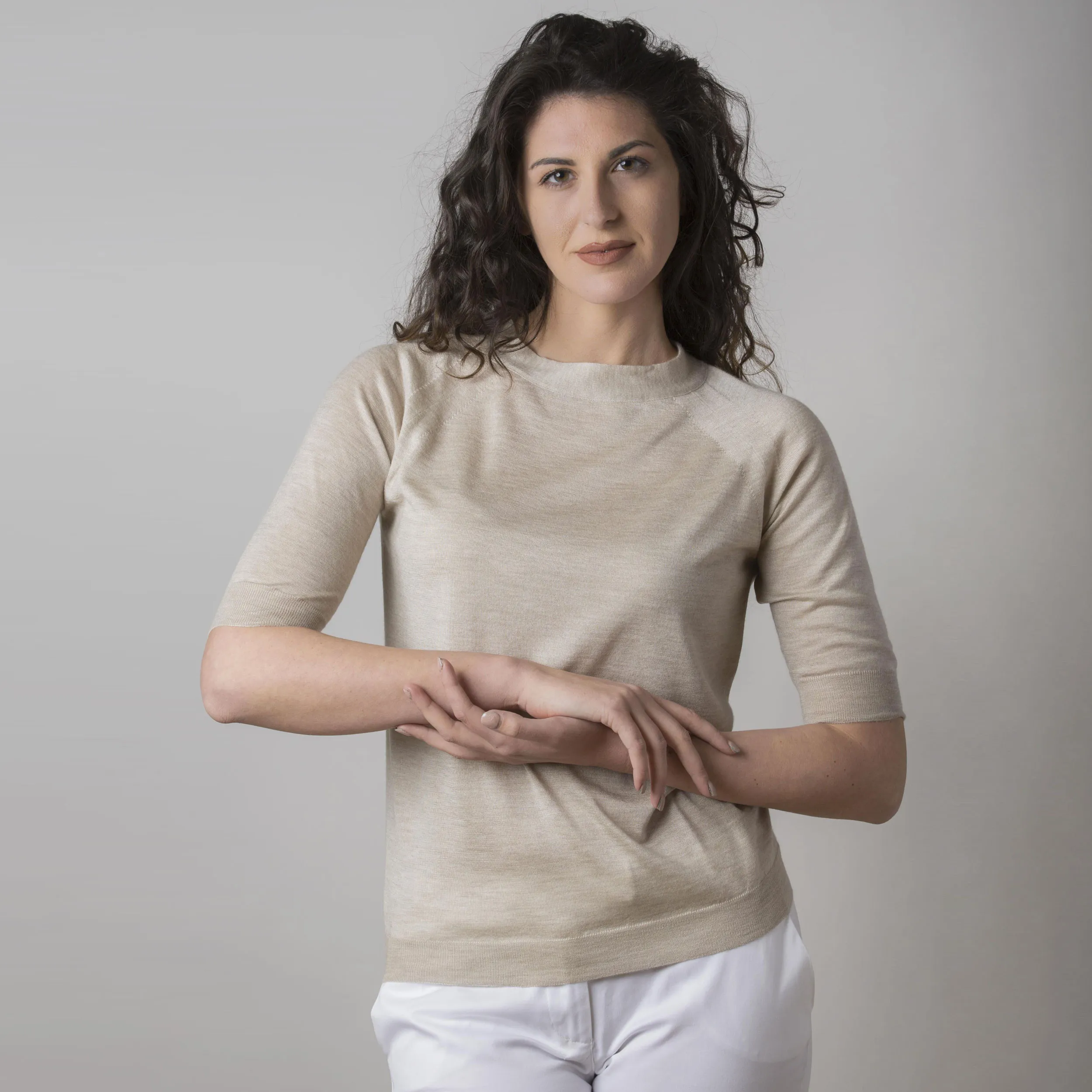 Maglia in Cashmere e Seta Manica Tre Quarti Kaki