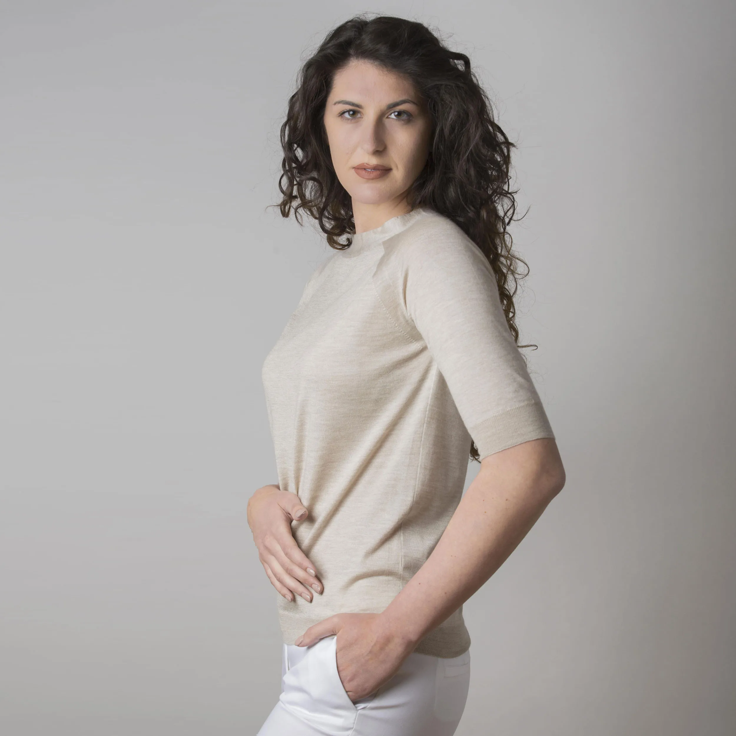 Maglia in Cashmere e Seta Manica Tre Quarti Kaki